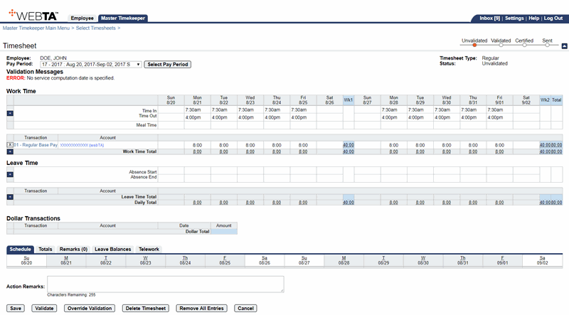 Timesheet Page - Validation Error